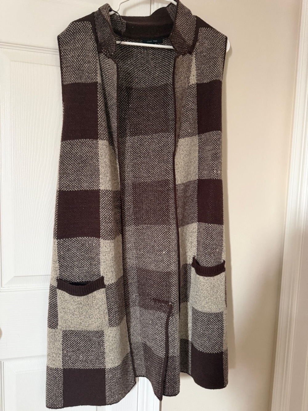 Plaid Knit Open Front Vest in Brown and Cream